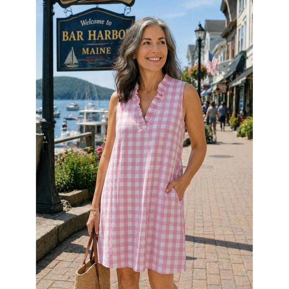 Crown & Ivy Pink Gingham Ruffle V-Neck Sleeveless Shift Dress XS NWT